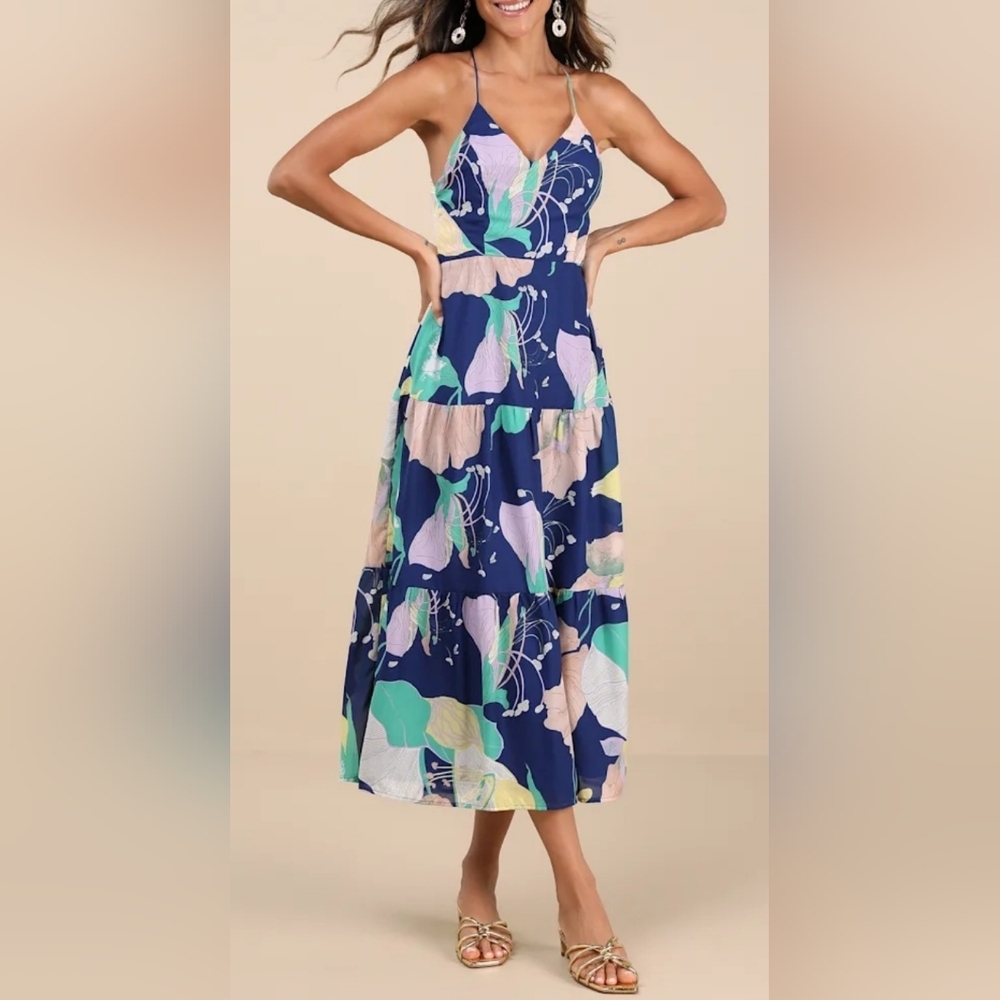 Lulus Hours of Flowers Blue Multi Floral Lace-Up Tiered Midi Dress Size XS